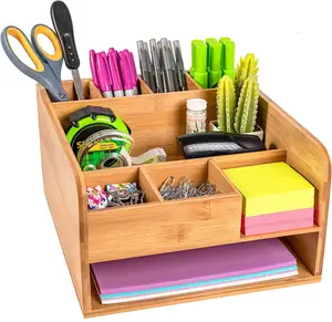 Bamboo Desk Organizer Patented Portrait Design. Fully Assembled and Holds all your Accessories, Supplies and Storage needs