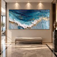 Peinture abstraite bleu sarcelle de l'océan, paysage marin texturé avec accents dorés métalliques, art mural côtier
