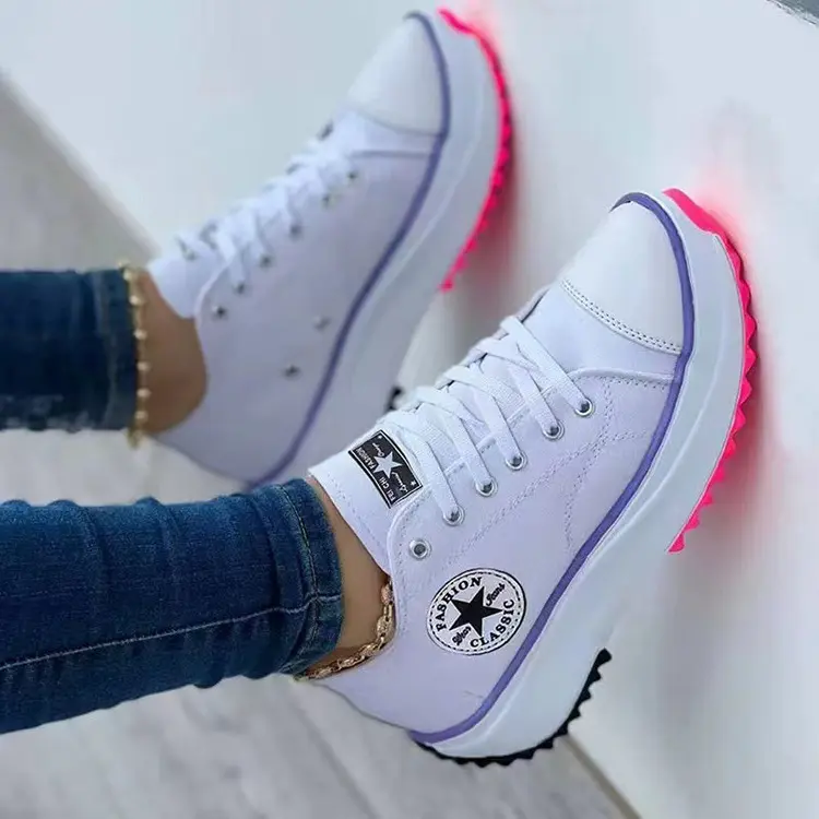 Women's Fashion Sneakers Casual White Tennis Walking Shoes Thick Bottom Canvas Daily Wear Shoes Women Comfortable Platform Shoes
