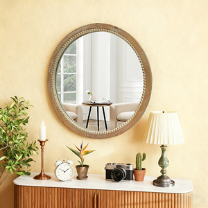 <b>Round</b> Distressed Wood Beaded Wall <b>Mirror</b> 23.62 In Farmhouse Vintage Accent <b>Mirror</b> For <b>Bathroom</b> Bedroom Entryway Rustic - Product Image 2