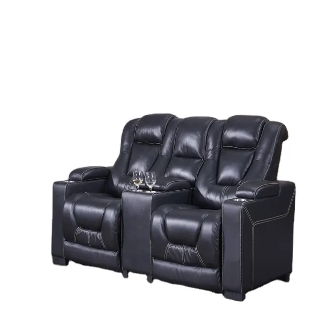 2023 Home furniture sofas Leather-Aire Electric Power Reclining movie sofa with cup holder consoles