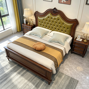 New Arrival Floral Carved Top Tufted Green Leather Upholstered Solid Wood Bed with 3 Drawer Nightstand - Product Image 4