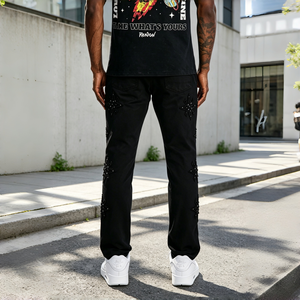 Pantalones Vaqueros Negros Ajustados con Apliques de Estrellas de Diamantes de Imitación para Uso Diario Casual Urbano - Product Image 2