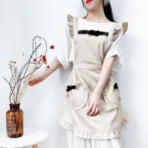 Delantal de cocina estilo coreano para mujer, con volantes, bonito lazo de encaje, delantal japonés de algodón fino para limpieza del hogar - Product Image 2