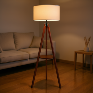 Lámpara de Pie de Madera con Pantalla de Tambor Beige, Base E26, Diseño de Mediados de Siglo, Tamaño Grande - Product Image 2