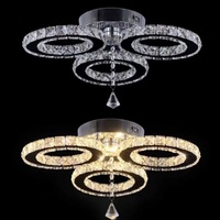 Plafonnier LED moderne à 5 anneaux en cristal, CRI 90 élevé, indice de protection IP33, lustre semi-encastré, base en acier inoxydable, salon, chambre à coucher