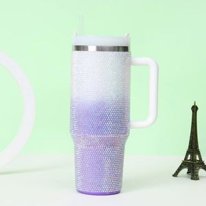 Gobelet isotherme en acier inoxydable 304 de 40 oz, couleur dégradée, avec paille et poignée, motif diamants et perles - Product Image 3