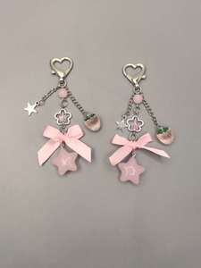 Porte-clés Kpop Girl Fruit Star en résine 3D rose, avec pendentif breloque tendance en forme de fraises, ruban et chaîne de perles - Product Image 2
