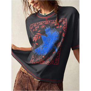 Camiseta Gráfica Boho de Manga Corta para Mujer FOXA, Cuello Redondo, Corte Holgado, Transpirable, de Algodón, Estilo Urbano - Product Image 3