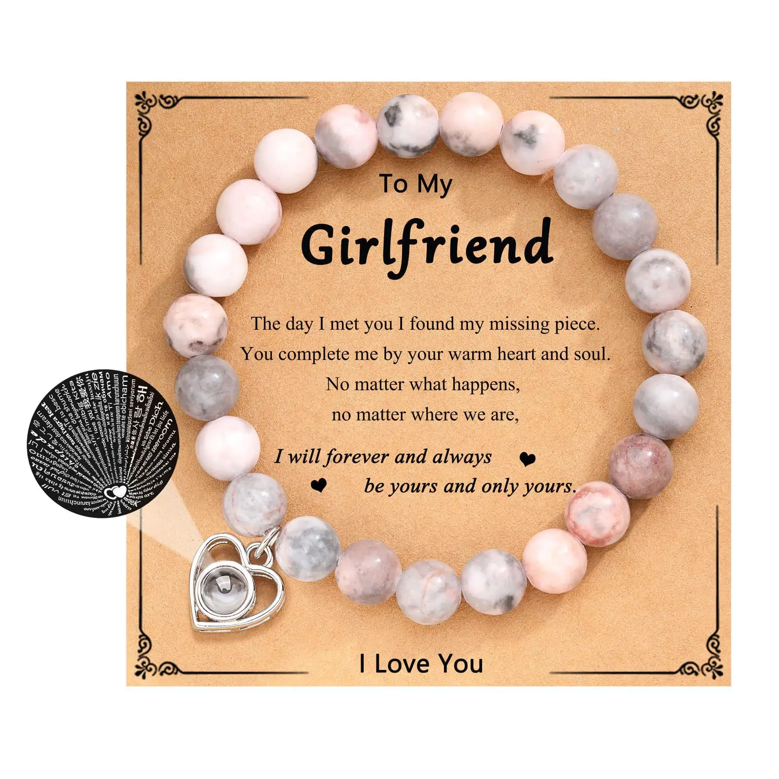 Colgante de corazón I Love You en 100 idiomas, cuentas de piedra Natural, el mejor regalo para novia, esposa, tarjeta, pulsera de cuentas, novedad de 2023