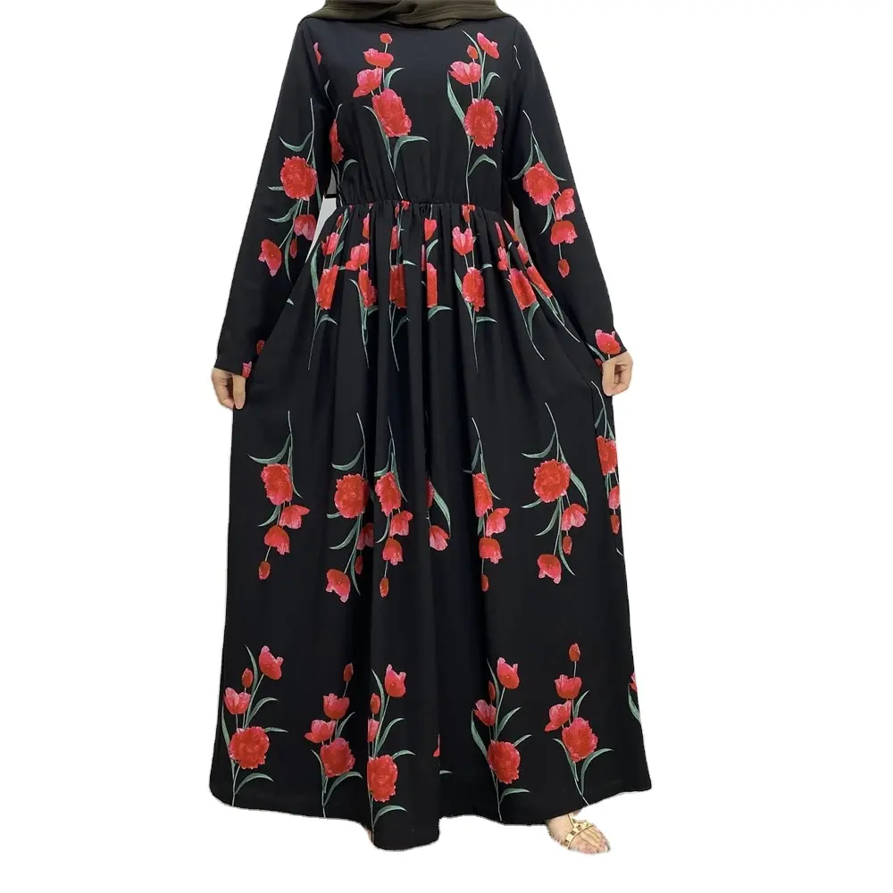 S0068 Dress ukuran besar wanita, pakaian lengan panjang ramping pinggang elastis sifon bunga Dubai Turki