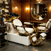 Fauteuil de lavage de cheveux de style européen avec cadre doré, en cuir PU blanc, avec repose-pieds réglable