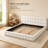 Lit plateforme moderne en tissu blanc avec tête de lit capitonnée et sommier à lattes, 10 lattes en bois pour chambre à coucher