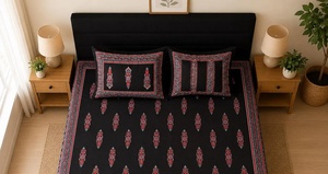 Black Cotton Bedsheet Set King Size <b>Flat</b> Sheet with 2 <b>Pillow</b> Covers Traditional Indian Floral Bedding Soft Cotton Home Decor - Product Image 3