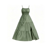 Robe longue décontractée d'été pour femme, à bretelles spaghetti, à volants, taille smockée, fente latérale, sans manches, pour la plage