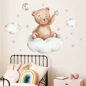 Bear Moon Clouds Stars Wall Stickers For Baby Kids Room Background Home Decoration Living Room Wallpaper Nursery Sticker