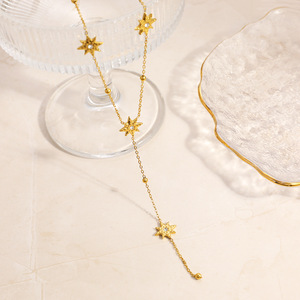 Collar con Colgante de Estrella, Chapado en Oro de 18k, Estrella de Ocho Puntas de Múltiples Niveles con Engaste Pavé, Cadena en Forma de Y, Joyería para Fiesta - Product Image 2