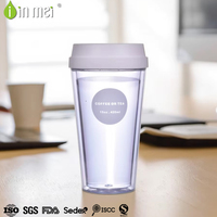 Gobelet isotherme réutilisable en plastique écologique à double paroi de 15 oz avec couvercle, logo personnalisé IINMEI, style américain, blanc