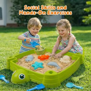 Nouvelle Grande Boîte à <span class=keywords><strong>Sable</strong></span> Carrée Tortue 2026 pour Enfants avec <span class=keywords><strong>Couvercle</strong></span> de Protection et Parasol Réglable, Inclut un Ensemble de 10 Jouets de Plage - Product Image 3