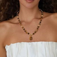 Nuevo Collar de Moda Unisex con Colgante de Diamante, Cristal y Cuentas Irregulares de Ojo de Tigre