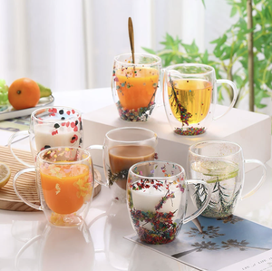 Gobelet en verre à boule à neige de qualité supérieure 16 oz - Tasse à <span class=keywords><strong>thé</strong></span>/café à double paroi isolée Décoration de fleurs séchées Logo de couleur personnalisé - Product Image 1