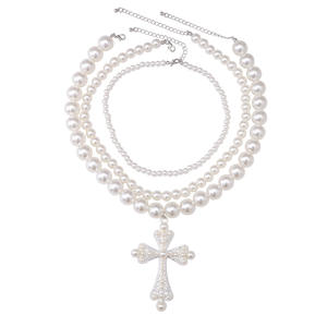 Conjunto de Collar de Perlas Punk Exageradas con Cruz, Estilo Europeo Americano, Multicapa, de Imitación, Joyería de Fiesta para Mujer - Product Image 4