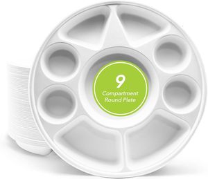 Wholesale 12.4" 9 Compartment Bagasse Round <b>Plate</b> | Eco-Friendly Sugarcane Fiber <b>Disposable</b> Food Serving <b>Plate</b> - Product Image 1