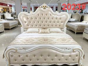 Premium Queen Size White Leather <b>Bed</b> With Gold Leaf Ornate Carved Diamond Tufted Scalloped Headboard For European Rococo Bedroom - Product Image 6