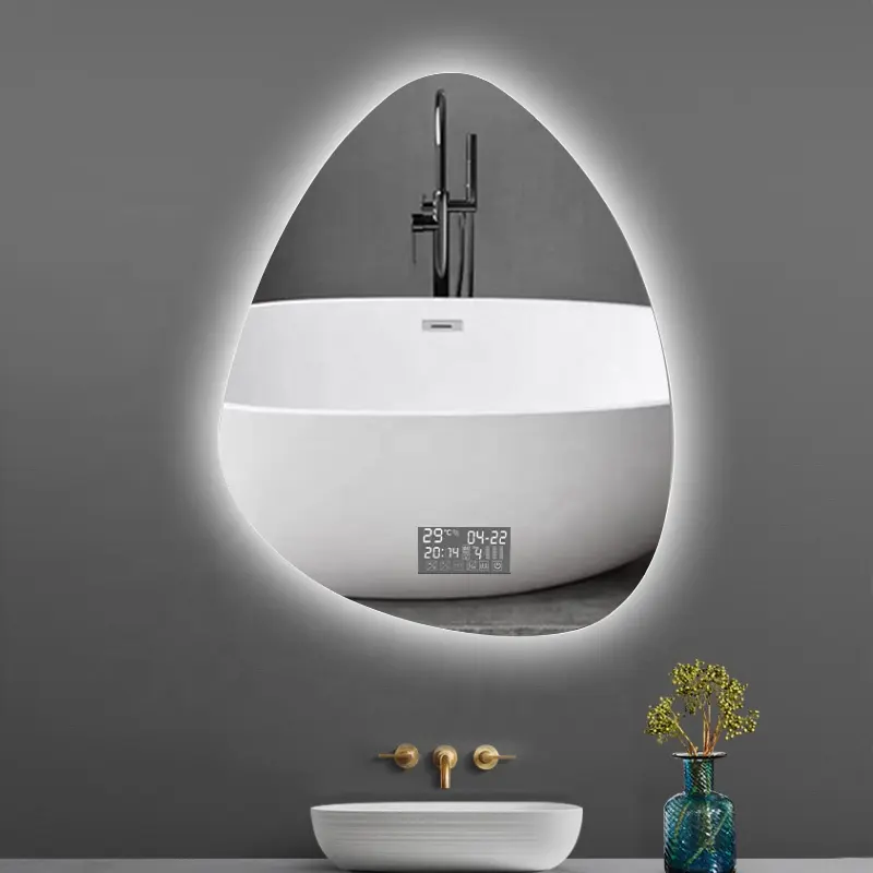 Su geçirmez düzensiz büyük LED akıllı banyo aynası duvara monte arka ışık Defog akıllı ayna dokunmatik ekran ile