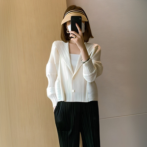 Elegante Blazer Corto Plisado Estilo Miyake para Mujer, Manga <span class=keywords><strong>Farol</strong></span> Única, Sin Arrugas, Transpirable, Informal, para Oficina, con Botones - Product Image 3