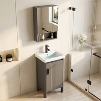 Meuble-lavabo de salle de bain moderne noir et or en aluminium, avec vasque encastrée en pierre frittée, miroir intelligent LED anti-buée et armoire