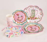 Décoration de la fête du thé de l'après-midi Vaisselle florale Assiette en papier jetable Tasse Serviette Théière Bannière Fournitures