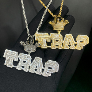 Iced Out Bling Micro Pave CZ Cubic Zircon Letter TRAP Colgante Collares con cadena de cuerda Joyería de hip hop - Product Image 3
