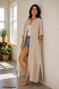 Beige Linen Kaftan <b>Dress</b> Women Long Regular Fit V-neck Short Sleeve Belt Button Front Kimono Caftan Elegant Modest <b>Maxi</b> <b>Dress</b> - Product Image 5