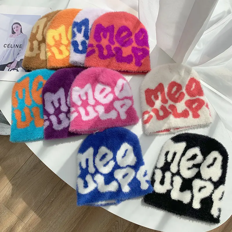 Custom y2k Print Logo Beanies manufacturer Acrylic High Quality Knit Embroidery Premium Jacquard satin lined Mohair hat