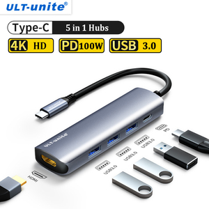 Ult-Unite <span class=keywords><strong>Usb</strong></span> Type-C <span class=keywords><strong>Hub</strong></span> 5 In 1 Met 4K 30Hz Voor 3 <span class=keywords><strong>Usb</strong></span> 3.0 Type A Poorten Pd 100W Aluminium Doos-Voorraad - Product Image 2