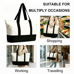Custom Logo Printed Fashion Canvas <b>Tote</b> Bag with Exterior Pocket and Secure Top Zipper for Work Shopping <b>Travel</b> Use - Product Image 3