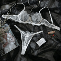 Set Lingerie Wanita Seksi 2 Potong, Tipis, Berongga, Bernapas, dengan Renda, Bra dan Panty, Ketat, Putih Hitam, Grosir, Custom OEM