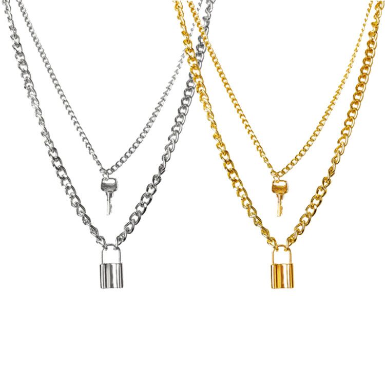 Collana A Strati Con Ciondolo Lucchetto E Chiave - Stile Punk Vintage, Oro, Con Catena A Maglie E Moschettone - Regalo Per Coppia