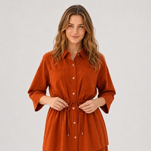 <span class=keywords><strong>Camicetta</strong></span> Casual da Donna 2026 Estiva Autunnale <span class=keywords><strong>Arancione</strong></span> in Viscosa Lavorata a Maglia con Collo Alto, Vestibilità Ampia, Vita con Coulisse e Maniche a 3/4 con Bottoni - Product Image 3
