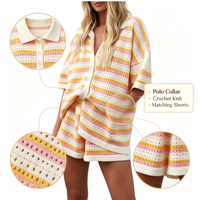 Ensemble pyjama respirant pour femme VELAN Factory, rayé, boutonné, manches courtes, haut en tricot crochet color block et short, 2 pièces
