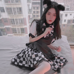 Black And White Checkered Maid Costume Plus Size Cosplay Outfit For Game Anime Role Playing Spring 2023 - Product Image 3
