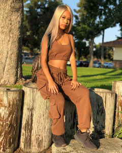 Logo personnalisé Automne Femmes Coton Crop Top Jogger Poches <span class=keywords><strong>Gilet</strong></span> Ensemble Casual Pleine Longueur Pantalon De Survêtement Deux Pièces Pantalon Ensemble - Product Image 3