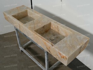Lavabo en quartzite blanc poli SH STONE <span class=keywords><strong>Cristallo</strong></span>, double vasque, design moderne pour salle de bain et hôtel - Product Image 4