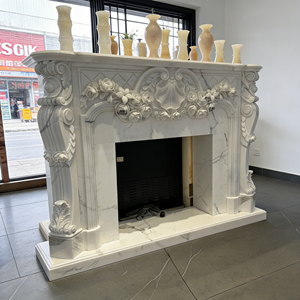 <span class=keywords><strong>Cheminée</strong></span> en marbre blanc sculpté à la main, motif floral rose en relief, taille personnalisée, <span class=keywords><strong>pierre</strong></span> naturelle durable, décoration de luxe pour la maison - Product Image 3