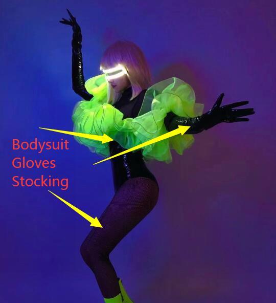 ブラックレザーボディスーツ蛍光グリーンゴシックスタイルショー衣装