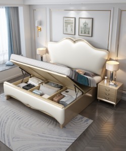 Lit Double King Size Moderne en Bois Massif Capitonnée et Sculptée, avec Rangement, pour Chambre Parentale de Villa – Mobilier de Luxe - Product Image 2