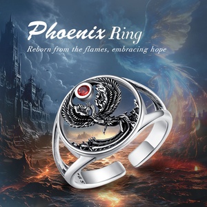 Bague ouverte réglable en argent sterling S925 oxydé, phénix, vintage, bijoux spirituels raffinés avec zircone cubique rouge - Product Image 5