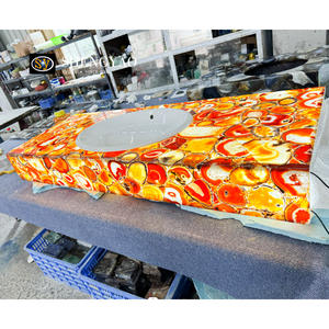 Lavabo de <span class=keywords><strong>Baño</strong></span> de Lujo con Retroiluminación, Cristal Rojo, <span class=keywords><strong>Calcedonia</strong></span>, Ágata, Piedra Translúcida, Encimera de Tocador - Product Image 1