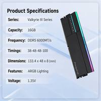 Valkyrie III DDR5 6000MT/s RAM 16GB Single Stick Desktop Memory CL38 Ultra Low Latency ARGB Lighting PC RAM for Gaming Upgrade